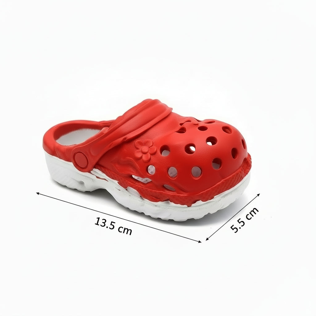Red slipper with white background and measurements